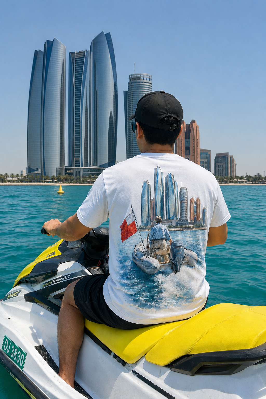 Abu Dhabi Beach white T-shirt worn on a jet ski in front of the Abu Dhabi skyline