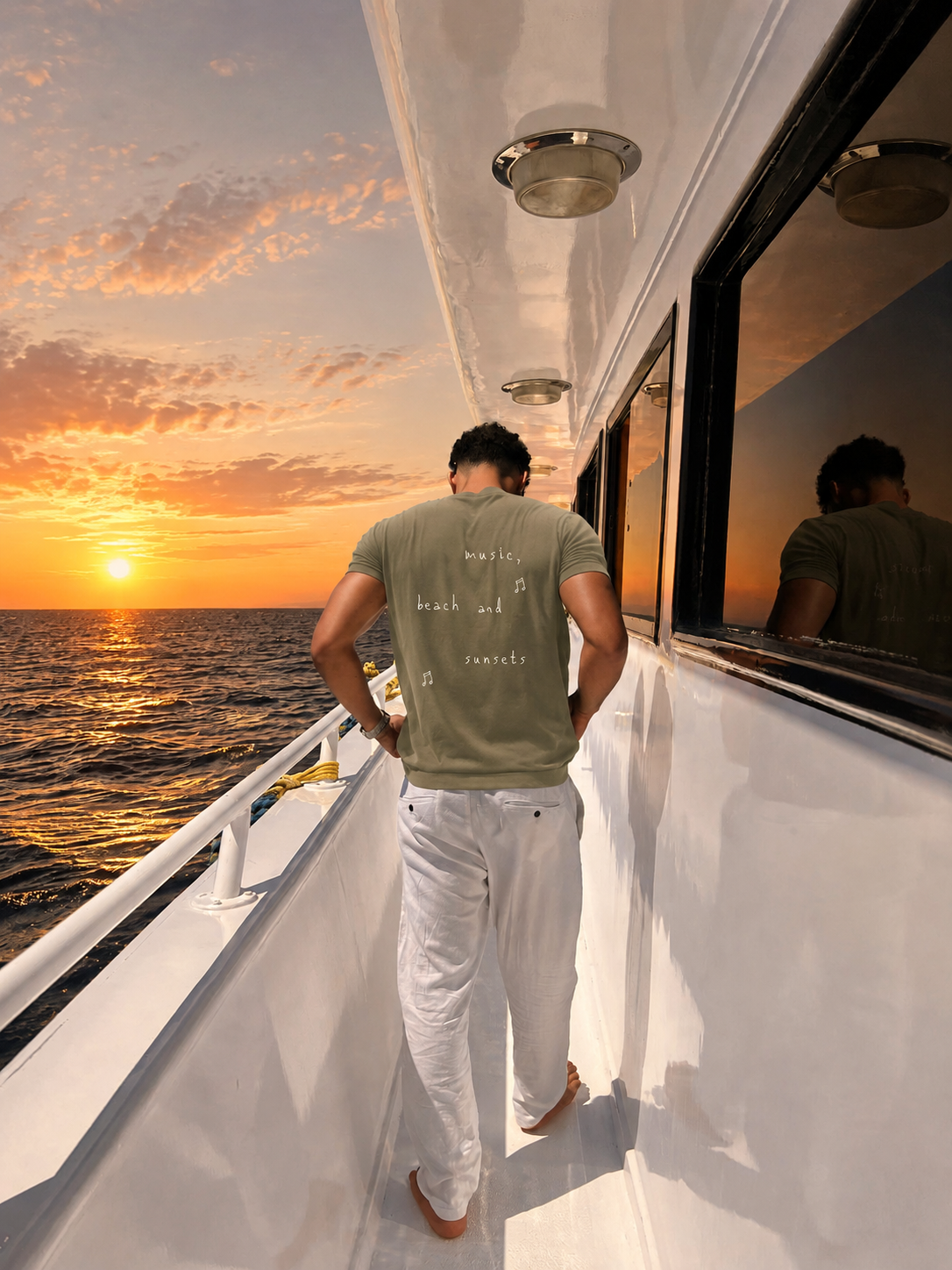 Music, Beach and Sunsets olive T-shirt worn on a boat at sunset