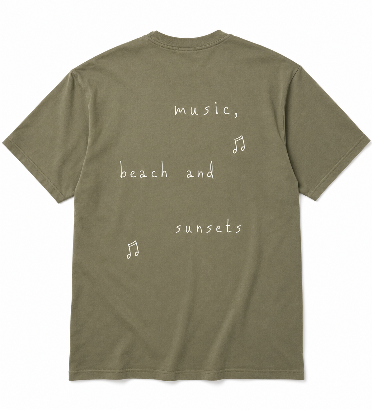 Music, Beach and Sunsets olive T-shirt back print